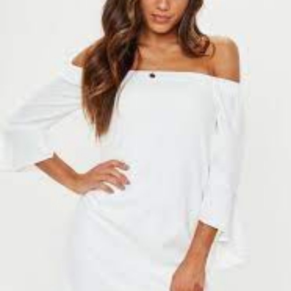 Misguided Bardot white ruffle sleeve shift dress NWT